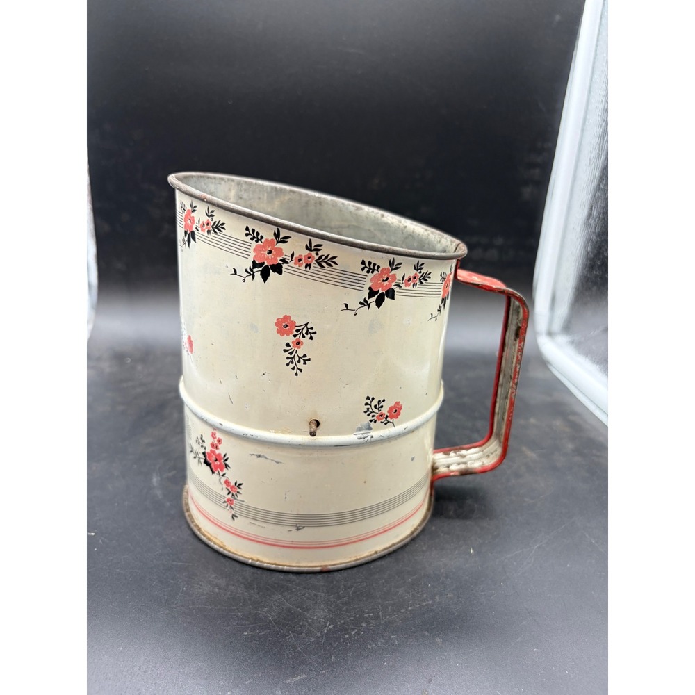 Vintage Bromwells Flour Sifter Cream Pink Floral Red Handle Hand Crank Kitchen